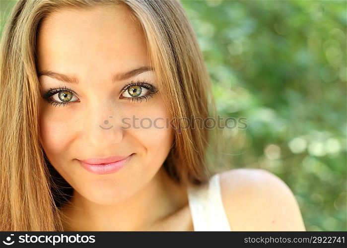 long haired women outdoors enjoy summer, closeup of the face