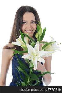 long-haired young brunette with a bouquet of lilies in his hands. Isolated on white