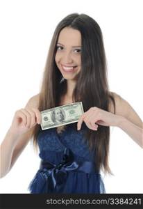 Long-haired young woman holding a dollar bill hundred dollars. Isolated on white background