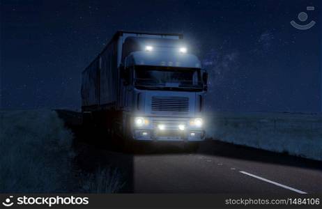 Long Haul overnight Trucking Logistics on a dark country highway road in South African Farmland region