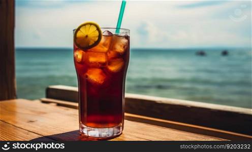 Long Island Iced Tea cocktail on background with blue sea and sky tropical background. Generative AI.. Long Island Iced Tea cocktail on background with blue sea and sky tropical background. Generative AI