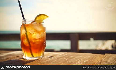 Long Island Iced Tea cocktail on background with blue sea and sky tropical background. Generative AI.. Long Island Iced Tea cocktail on background with blue sea and sky tropical background. Generative AI