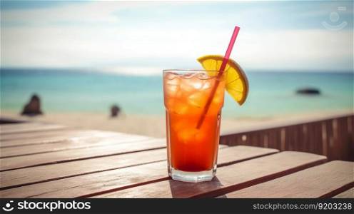 Long Island Iced Tea cocktail on background with blue sea and sky tropical background. Generative AI.. Long Island Iced Tea cocktail on background with blue sea and sky tropical background. Generative AI