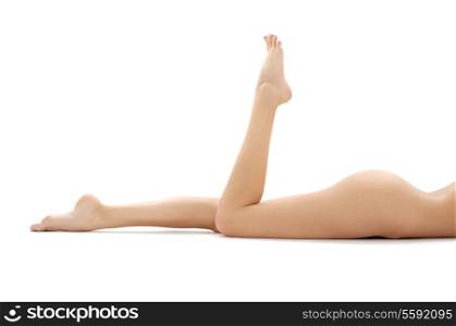 long legs of relaxed lady over white