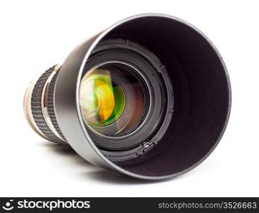 long lens with hood isolated on white background
