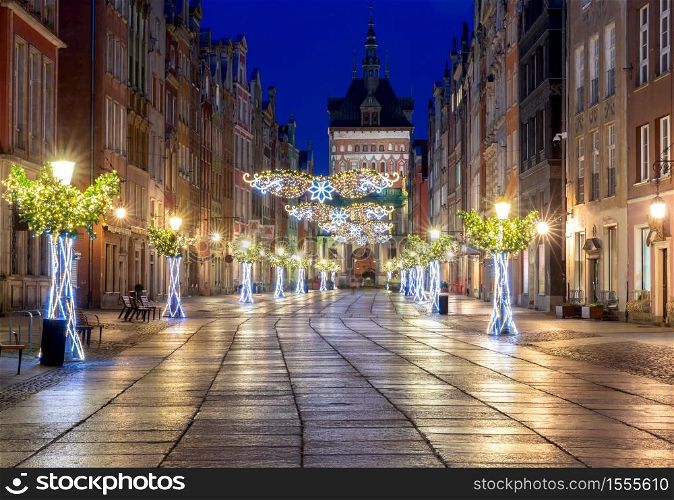 Long Market Square and Christmas tree in the night illumination for Christmas. Gdansk. Poland.. Gdansk. Long market for christmas.