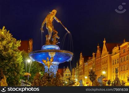 Long Market Street with Fountain of Neptune at night in Main City of Gdansk, Poland