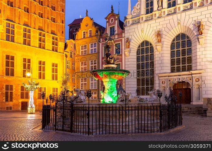 Long Market Street with Fountain of Neptune at night in Old Town of Gdansk, Poland. Fountain of Neptune in Gdansk at night, Poland