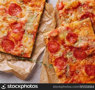 Long pizza napolitana with salami top view