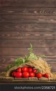 Long plum tomatoes on wooden table. Ukrainian country style. Natural product concept. Empty place for text.. Fresh long plum tomatoes in burlap bag. Tomatoes on wooden table