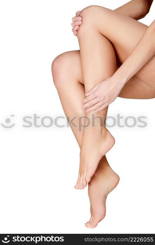 Long pretty woman legs, isolated on white background. Long pretty woman legs isolated on white