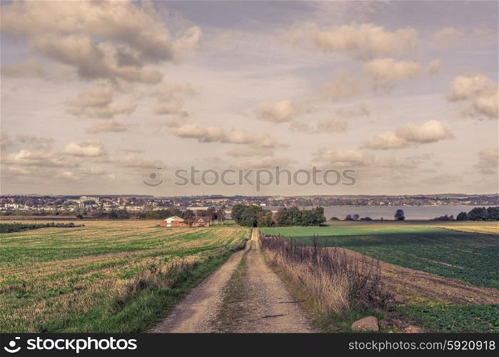 Long road in a countryside with fields