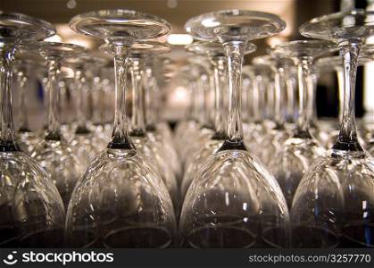 Long rows of restaurant glassware.