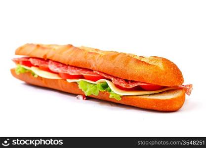 Long sandwich with salami tomatoes isolated on white