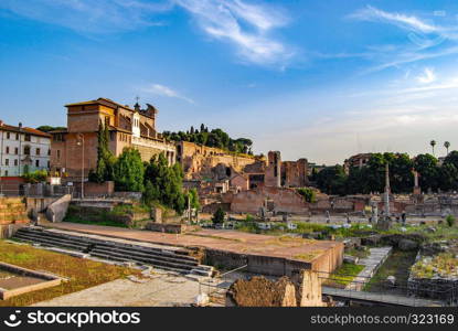 Long shot of Roman Forum, Rome, Italy.