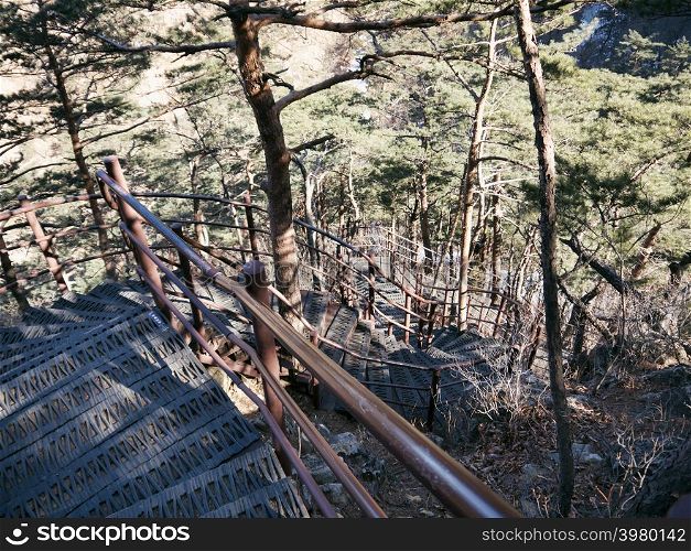 Long staircase leading down from the mountains. Seoraksan National Park. South Korea