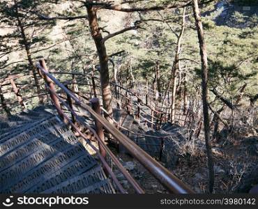 Long staircase leading down from the mountains. Seoraksan National Park. South Korea