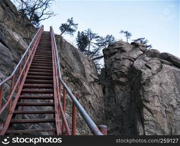 Long staircase leading up to the mountain peak of Seoraksan National Park, South Korea