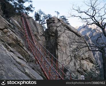 Long staircase leading up to the mountain peak of Seoraksan National Park, South Korea