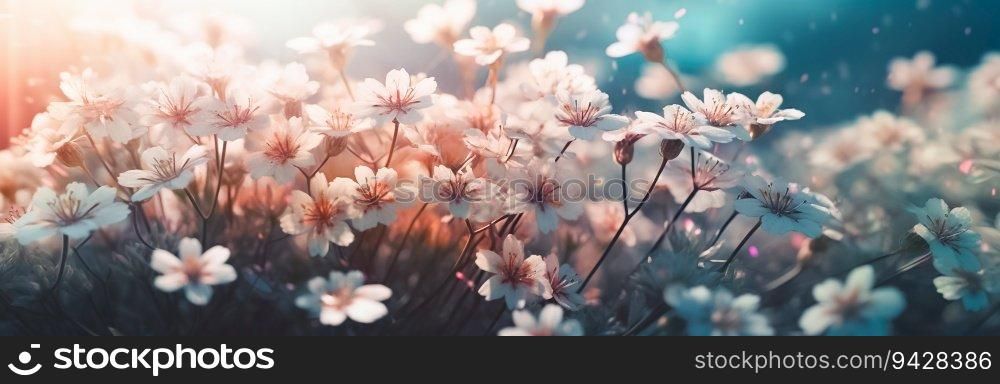 Long summer banner with white Wildflowers or Field flowers close up. White wild flowers on a blurred dark blue background.. Long summer banner with white Wildflowers or Field flowers close up. White wild flowers on a blurred dark blue background