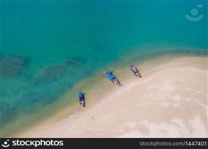 long tail boat on the sand beach in island kra bi Thailand aerial view