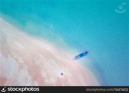 long tail boat on the sand beach in island kra bi Thailand aerial view