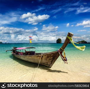 Long tail boat on tropical beach, Krabi, Thailand