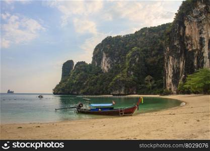 Long tail boats on the coast of Andaman sea in Krab,i Thailand