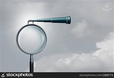 Long term outlook and business success forecasting seeking opportunity far away as a businessman on a magnifying glass looking through a telescoope with 3D illustration elements.