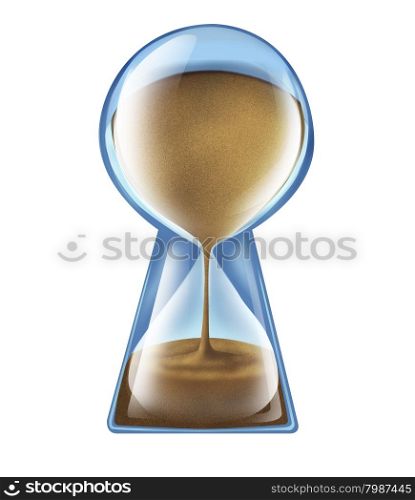 Longevity key health concept as an hourglass shaped as a keyhole as a symbol of living longer and new medical technology to lengthen lifespan or business deadline solutions on an isolated white background.