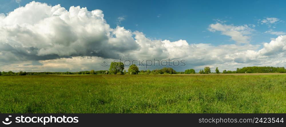 Longitudinal cloud on the blue sky and green meadow, Nowiny, Lubelskie, Poland