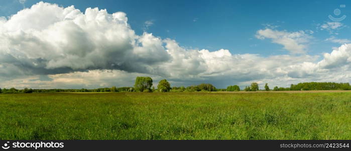 Longitudinal cloud on the blue sky and green meadow, Nowiny, Lubelskie, Poland