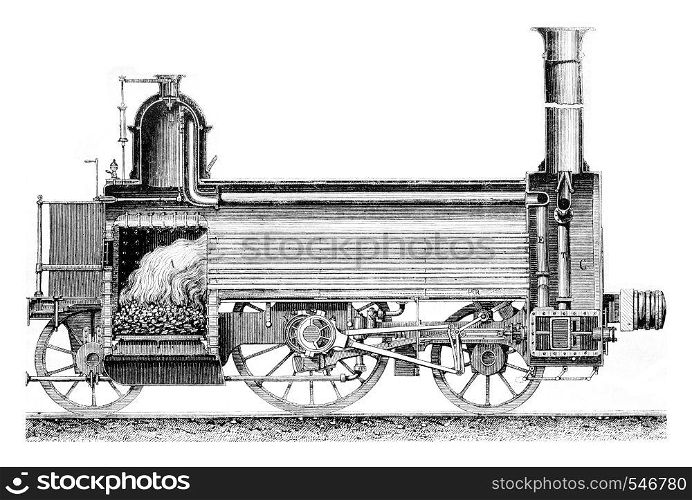 Longitudinal section of a locomotive, vintage engraved illustration. Magasin Pittoresque 1861.