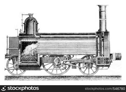 Longitudinal section of a locomotive, vintage engraved illustration. Magasin Pittoresque 1861.