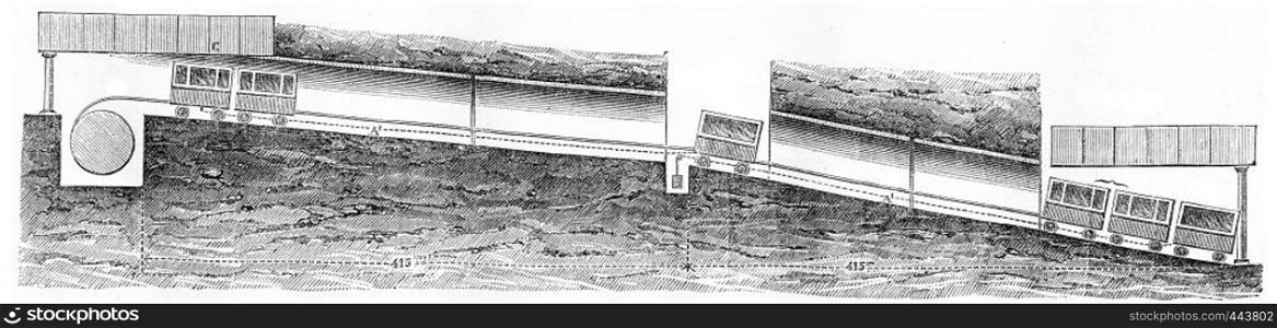 Longitudinal section of the Lyon-Fourviere inclined to Saint-Just plane, vintage engraved illustration. Journal des Voyage, Travel Journal, (1880-81).