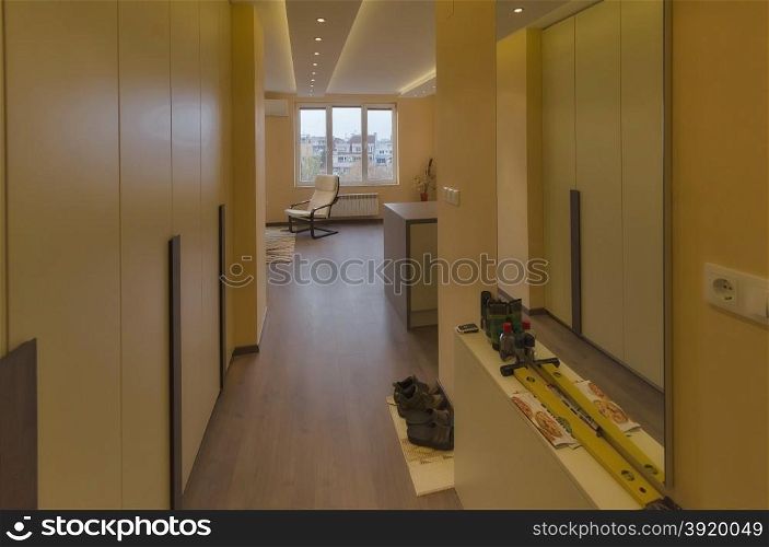 Look from house entrance inside with modern LED lighting, Sofia, Bulgaria