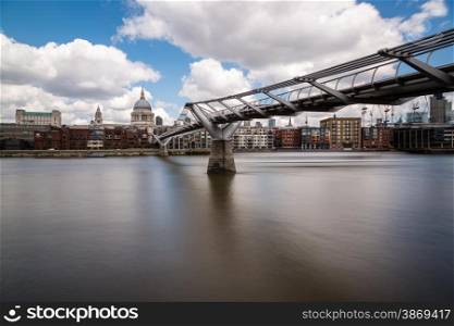 Looking across the river Thames in London towards St Paul&rsquo;s Cathedral with the Millennium Bridge in the foreground