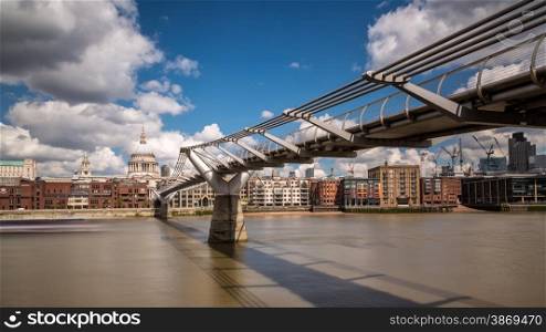 Looking across the river Thames in London towards St Paul&rsquo;s Cathedral with the Millennium Bridge in the foreground