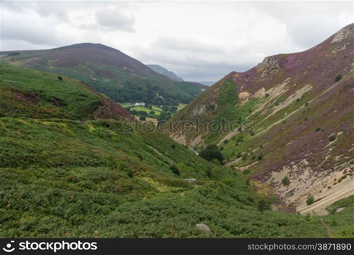 Looking down the Sychnant Pass, old road linking Penmaenmawr and Conwy at high time. Snowdonia National park, Gwynedd, Wales, United Kingdom.