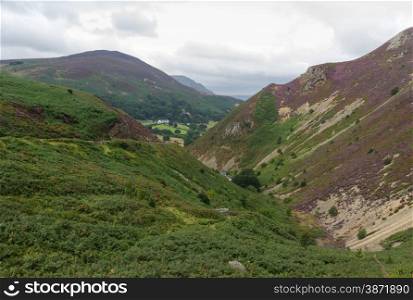 Looking down the Sychnant Pass, old road linking Penmaenmawr and Conwy at high time. Snowdonia National park, Gwynedd, Wales, United Kingdom.