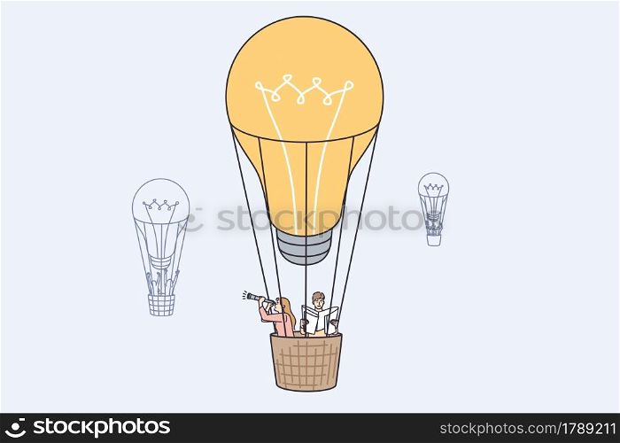 Looking for Innovative business ideas concept. Business people colleagues cartoon characters rising on air balloon with light bulb above feeling positive vector illustration . Innovative business idea and approval concept