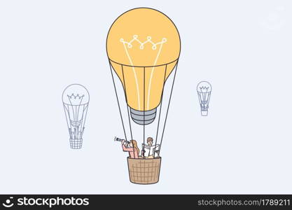 Looking for Innovative business ideas concept. Business people colleagues cartoon characters rising on air balloon with light bulb above feeling positive vector illustration . Innovative business idea and approval concept