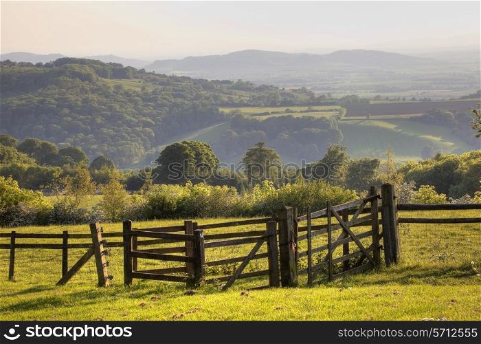 Looking over the beautiful rolling countryside of Worcestershire at sunset, England.
