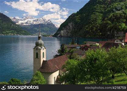 Looking over the church in Bauen onto Lake Lucerne in Switzerland.