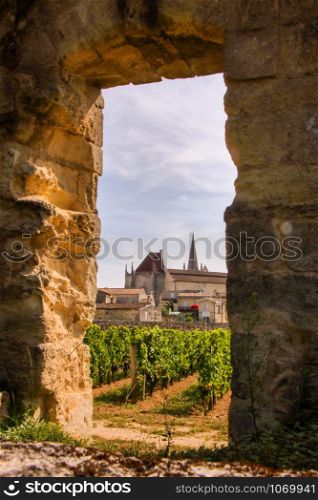 Looking through the great wall at saint emilion, remnant of domenican monastery, Aquitaine, France