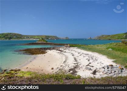 Looking towards Plumb Island and Cromwell?s Castle, Tresco, Isles of Scilly, Cornwall, England.