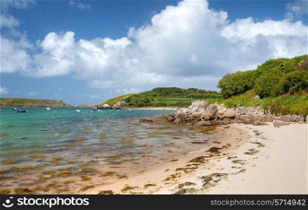Looking towards the quay at New Grimsby, Tresco, Isles of Scilly, Cornwall, England.