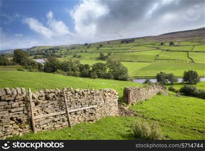 Looking towards the River Swale, Swaledale, Yorkshire Dales National Park, England.