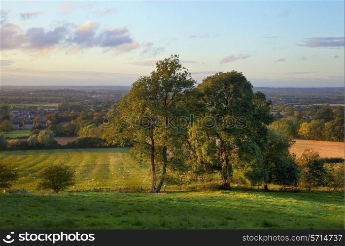 Looking towards Worcestershire from Gloucestershire at sunset, England.