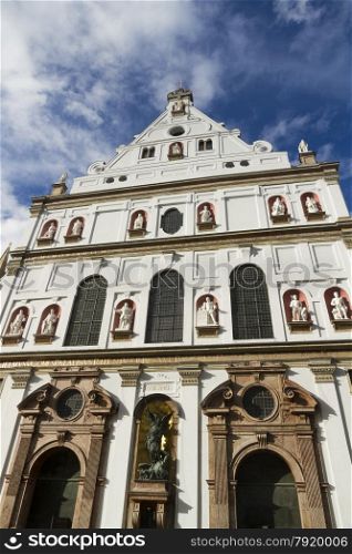 Looking up at front of Catholic Jesuit Church of Saint Michael, Neuhauser Str, Munich, Bavaria, Germany, Europe.